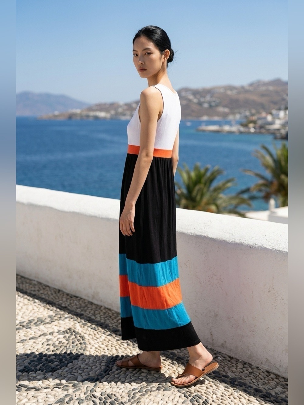 Cute Color Block Sun Dress (L) Black/Peach/Teal/White